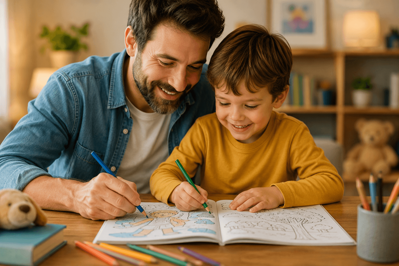 Pai e filho colorindo juntos um livro personalizado do Colorindo.ai